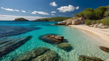 Secluded Cove Beach with Turquoise Water &ndash; Idyllic Summer Vacation Destination Featuring Pristine Sand, Crystal Ocean, Coastal Scenery, and Tropical Relaxation

