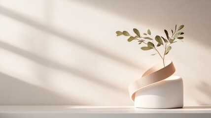Minimalist still life of coiled LED light strip on white pedestal.