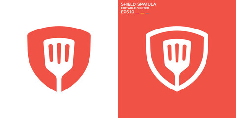Shield spatula logo. Safety, cooking, dishes. Vector icon symbol template EPS 10.