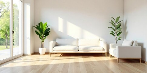 Fototapeta premium Serene Minimalist Living Room Natural Light, White Sofa, Light Wood Floors. Modern, Uncluttered Design Ideal for Relaxation and Peaceful Home Decor Inspiration.