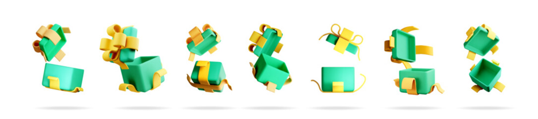 3d illustration set of flying gift boxes with golden ribbon. Surprise box concept for celebration, giveaway, shopping, holiday, birthday.
