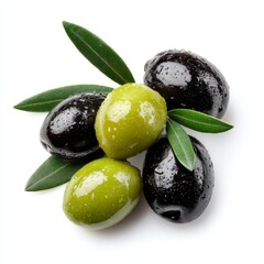Obraz premium An overhead shot of vibrant green and black olives, complemented by fresh olive leaves