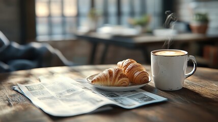 Cozy breakfast nook with coffee mug, croissants, and newspaper on wooden table.