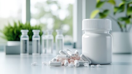 Laboratory setting with various collagen supplements and scientific visuals.