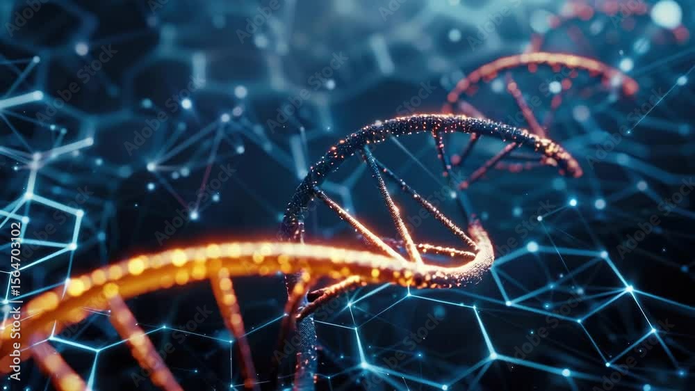 Poster a close-up view of dna molecules on a dark background, ideal for science and education projects