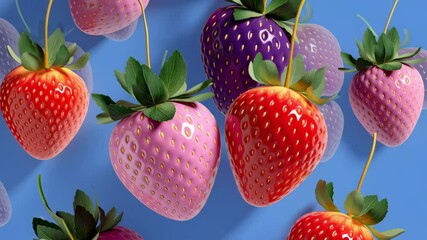 Colorful assortment of strawberries in various shades, including red, pink, and purple, suspended against a vibrant blue background, showcasing their fresh appearance and inviting textures for culinar - Powered by Adobe