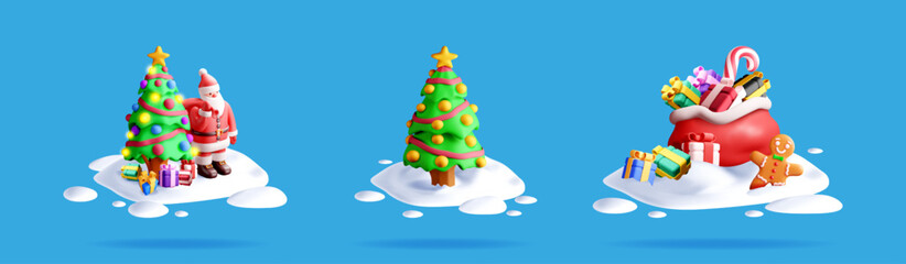3D vector illustration set collection with Christmas tree, Santa and gift bag. Winter holiday concept for greeting card.