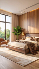 modern cozy living room design with wooden furniture, chocolate colors, green plants
