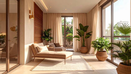 modern cozy balcony design with wooden furniture, chocolate colors, green plants