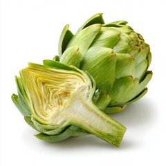 Obraz premium Fresh artichoke isolated on a light surface, showcasing its vibrant green color and intricate layers. The cut-open half reveals the edible heart and tender leaves, emphasizing its freshness.