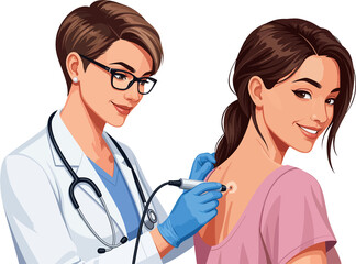 Medical illustration of a dermatologist performing an outpatient skin treatment on the back of a young patient. Clinical illustration of a cosmetic procedure. Dermatologist Treating a Skin Lesion on t