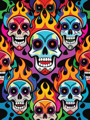 Seamless pattern with colorful skulls on a black background. Vector illustration.