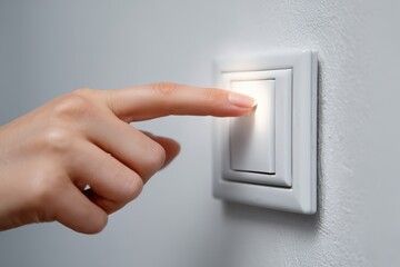 Central European Female Hand Operating a Light Switch - Turning Lights On or Off.