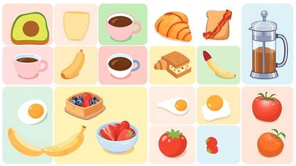 Delicious and colorful breakfast foods collection featuring coffee fruits and tasty morning meals
