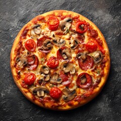 A delicious and appetizing pizza with various toppings on a dark background. The pizza is round with a crispy crust and covered with an array of toppings