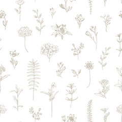 Hand drawn outline flowers and blades of grass. Toile design in beige tones.