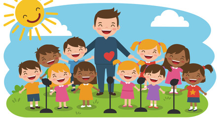Cartoon Childrens Choir with Teacher Smiling and Singing Together Outdoors.