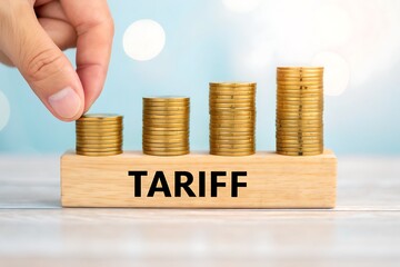 Stacked gold coins on wooden block with word tariff stacks