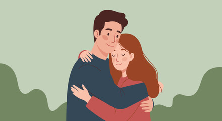 Cartoon Couple Embracing with Closed Eyes and Peaceful Expressions in Flat Style.