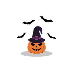 Halloween pumpkin with witch's hat and bats, a simple graphic design.