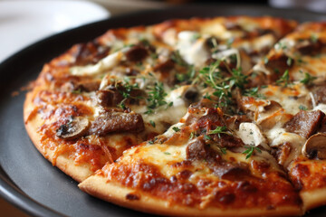 Delicious beef and mushroom pizza topped with cheese and herbs on a black plate