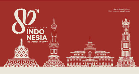 80th Indonesia Independence Day Banner with Traditional Landmark Line Art