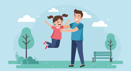 Cartoon Father and Daughter Playing Girl Jumping with Joyful Expression.