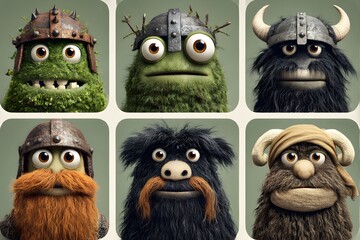 Funny cartoon monster and animal character vector set