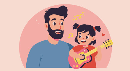 Cartoon Father and Daughter Playing Guitar Together Expressing Joy and Musicality.