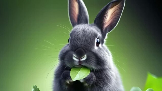Cute black rabbit munching on fresh green leaves in a serene garden setting during daylight