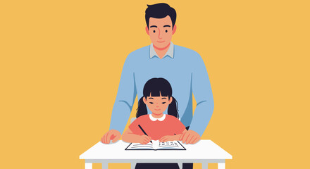 Cartoon Father Assisting Daughter with Homework at White Desk Writing in Notebook.
