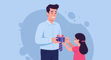 Cartoon Father Receives a Gift from His Daughter Wrapped with a Striped Tie.
