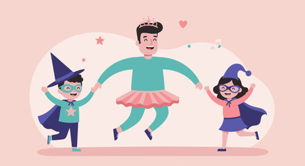 Naklejka premium Cartoon Father in Tutu with Children in Superhero Costumes Holding Hands.