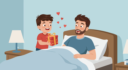 Cartoon Father Receives a Red and Gold Gift from his Son in Bed.