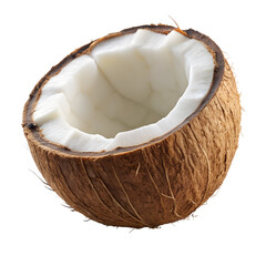 Fresh tropical coconut half cut open close up for healthy food ingredients on transparent background