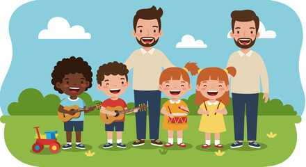 Cartoon Group of Children and Adults Playing Musical Instruments Outdoors.