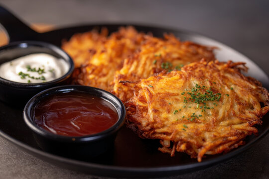 Crispy hashbrowns served with dipping sauces at a cozy breakfast spot during morning hours