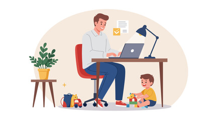 Cartoon Man Working on Laptop with Child Playing with Blocks.