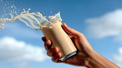 Hand holding a can of beverage with splashes of liquid flying out against a bright blue sky, showcasing refreshing drink in action, perfect for summer advertising and promotional materials
