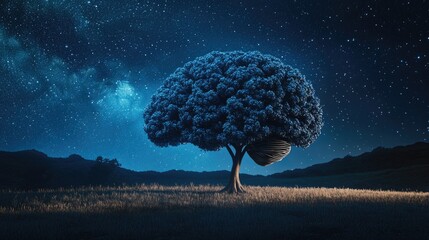 Tree in the shape of a human brain under the starry sky at night.