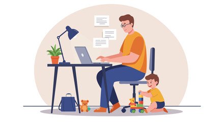Cartoon Man Working on Laptop with Child Playing with Toys.