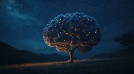 Tree in the shape of a human brain under the starry sky at night.