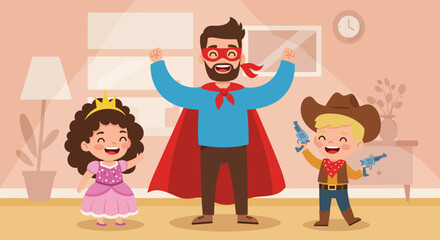 Cartoon Superhero Dad with Red Cape and Mask Arms Raised in Victory.