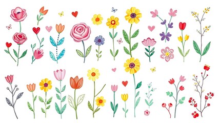 Watercolor floral elements collection featuring variety of flowers butterflies and hearts on white background