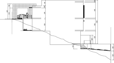 vector illustration of architectural detail design of site plan section view of facade of split level 3 storey residential house
