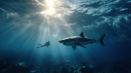 Fototapeta premium Underwater Encounter Diver and Great White Shark in Sunlit Ocean Depths