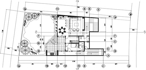 vector illustration of architectural detail design of site plan view of facade of split level 3 storey residential house