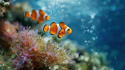 Fototapeta premium Two Vibrant Orange and White Clownfish Swimming in a Coral Reef Aquarium Underwater Scene with Bubbles