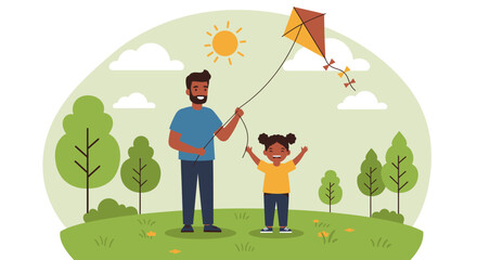 Father and Daughter Flying a Kite Together in a Park Illustration.