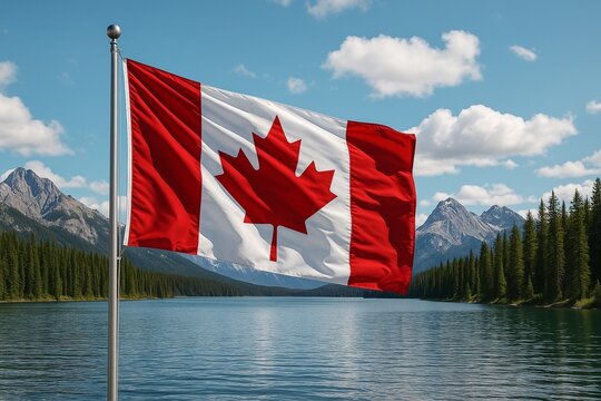 Canada Flag on a natural setting mountains background